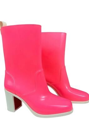 Christian Louboutin Loubirain Rubber Pvc Heeled Rain Boots Pink Size 37